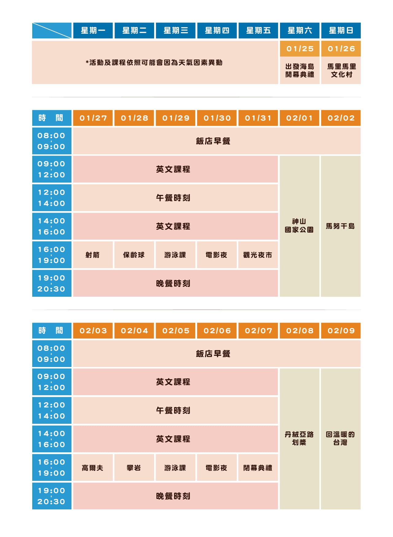 2025馬來西亞沙巴親子英文冬令營 每周主題及課表，日日有活動，豐富你的冬天